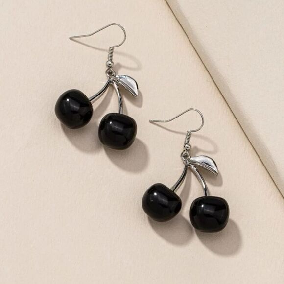 Retro Goth Earrings, dangles Black Cherries, silver colored leaf, Lightw… - Picture 1 of 2